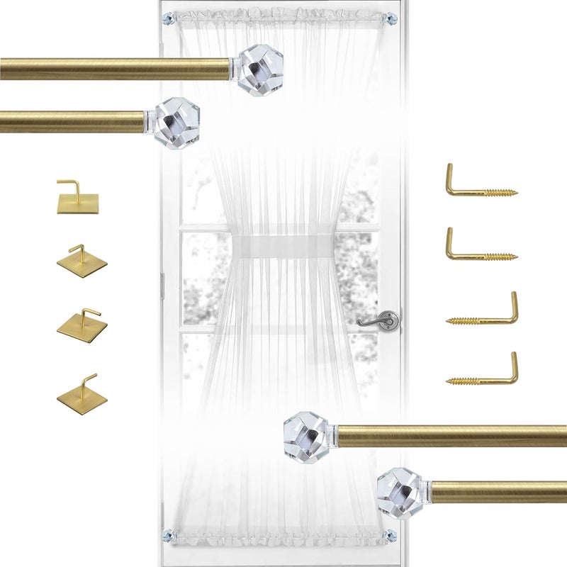 ARNORX 3/8" Sash Curtain Rods with Clear Crystal Ball Finials, 16 to 28 Inch Adjustable, for French Door & Sidelights, Brass Brushed, 2 Pack - Image 1